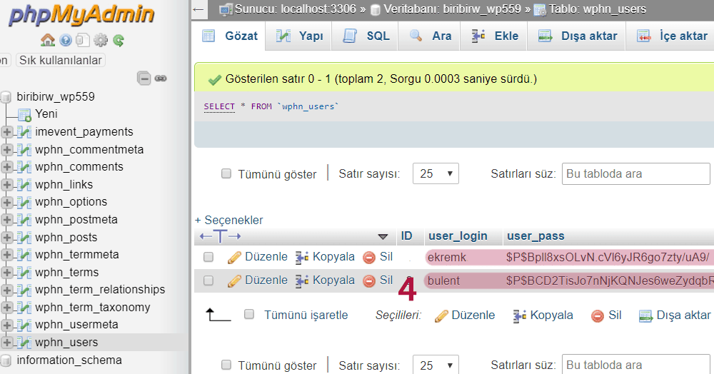 WordPress Şifre Sıfırlama İşlemleri PhpMyAdmin 4 Kullanici Listesi