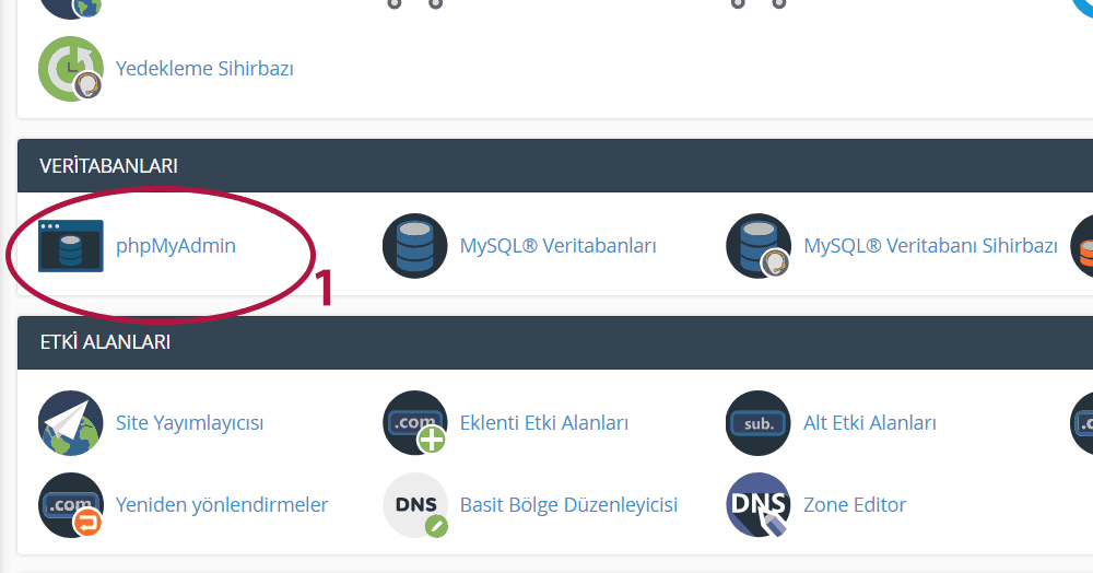 VERİTABANLARI (Databases) bölümünde bulunan "PhpMyAdmin" iconuna tıklayınız.